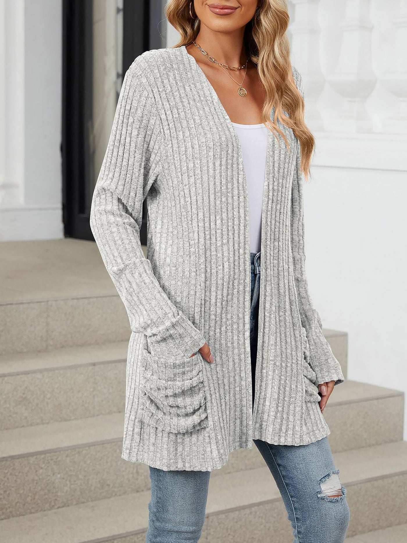 Allegra K Solid Color Pocket Long Sleeve Mid Length Casual Cardigan