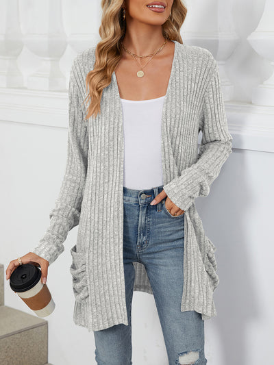 Solid Color Pocket Long Sleeve Mid Length Casual Cardigan