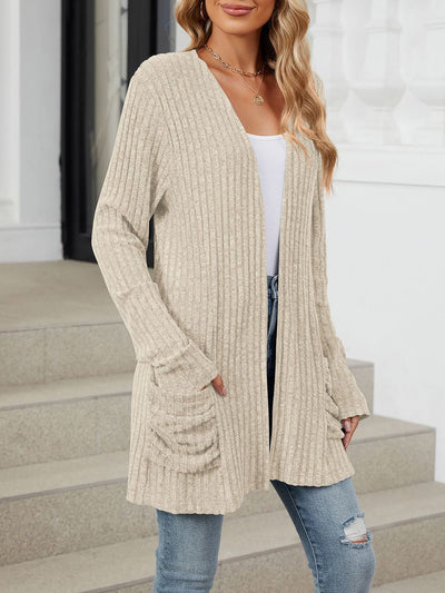 Solid Color Pocket Long Sleeve Mid Length Casual Cardigan