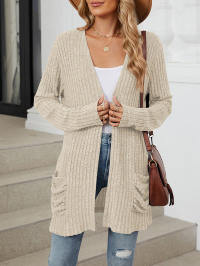 Solid Color Pocket Long Sleeve Mid Length Casual Cardigan