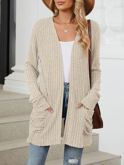 Solid Color Pocket Long Sleeve Mid Length Casual Cardigan