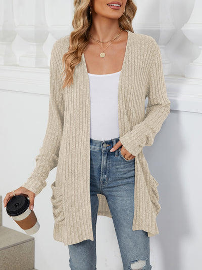 Solid Color Pocket Long Sleeve Mid Length Casual Cardigan