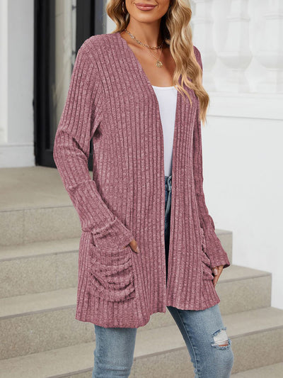 Solid Color Pocket Long Sleeve Mid Length Casual Cardigan