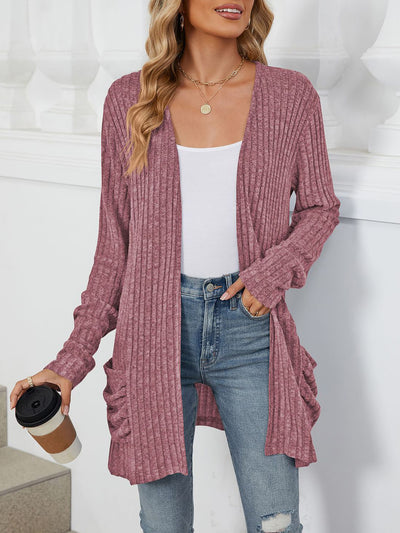 Solid Color Pocket Long Sleeve Mid Length Casual Cardigan