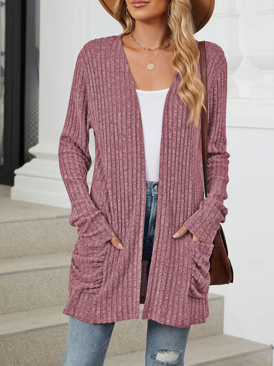 Solid Color Pocket Long Sleeve Mid Length Casual Cardigan