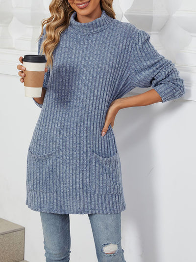 Solid Color Mock Neck Long Sleeve Tunic Blouse