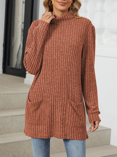 Solid Color Mock Neck Long Sleeve Tunic Blouse