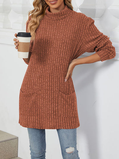 Solid Color Mock Neck Long Sleeve Tunic Blouse