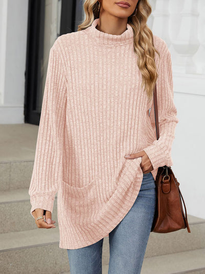 Solid Color Mock Neck Long Sleeve Tunic Blouse