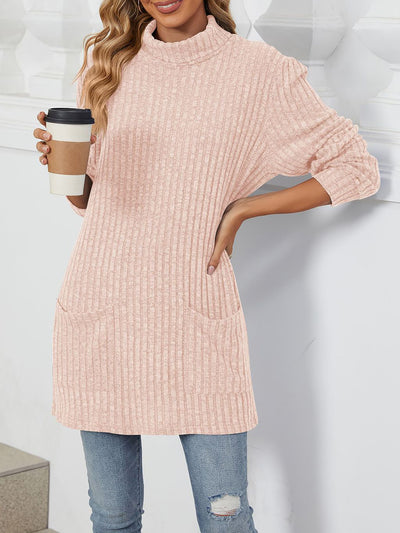 Solid Color Mock Neck Long Sleeve Tunic Blouse