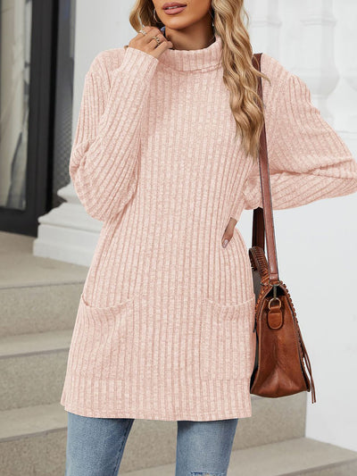 Solid Color Mock Neck Long Sleeve Tunic Blouse