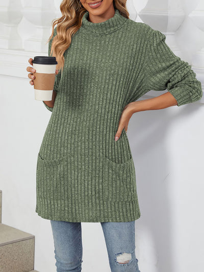 Solid Color Mock Neck Long Sleeve Tunic Blouse