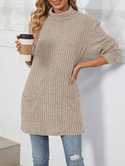 Solid Color Mock Neck Long Sleeve Tunic Blouse