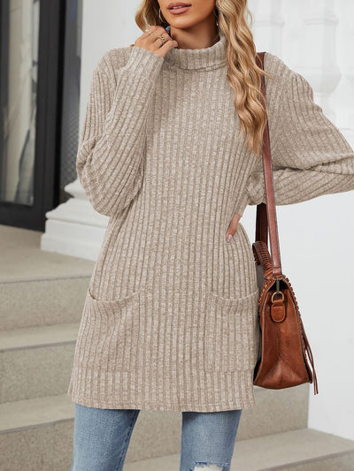 Solid Color Mock Neck Long Sleeve Tunic Blouse