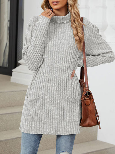 Solid Color Mock Neck Long Sleeve Tunic Blouse