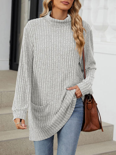 Solid Color Mock Neck Long Sleeve Tunic Blouse