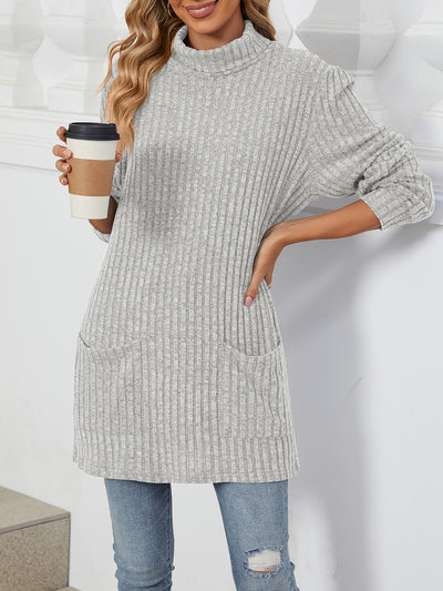 Solid Color Mock Neck Long Sleeve Tunic Blouse