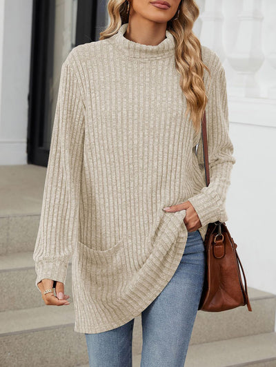 Solid Color Mock Neck Long Sleeve Tunic Blouse