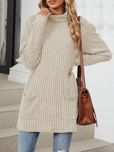 Solid Color Mock Neck Long Sleeve Tunic Blouse