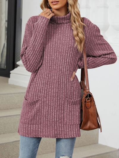 Solid Color Mock Neck Long Sleeve Tunic Blouse