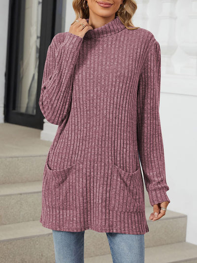 Solid Color Mock Neck Long Sleeve Tunic Blouse