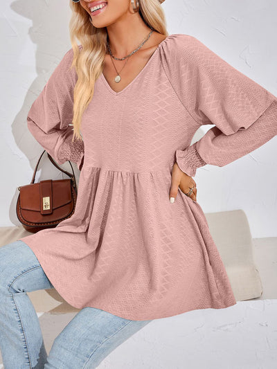 Solid Color V Neck Textured Smocked Sleeves Peplum Blouse