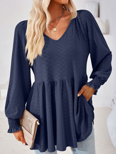 Solid Color V Neck Textured Smocked Sleeves Peplum Blouse