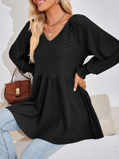 Solid Color V Neck Textured Smocked Sleeves Peplum Blouse