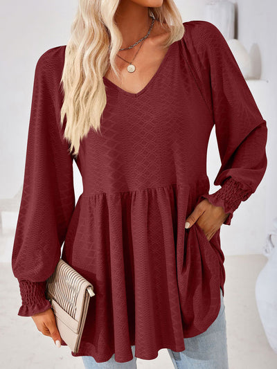 Solid Color V Neck Textured Smocked Sleeves Peplum Blouse