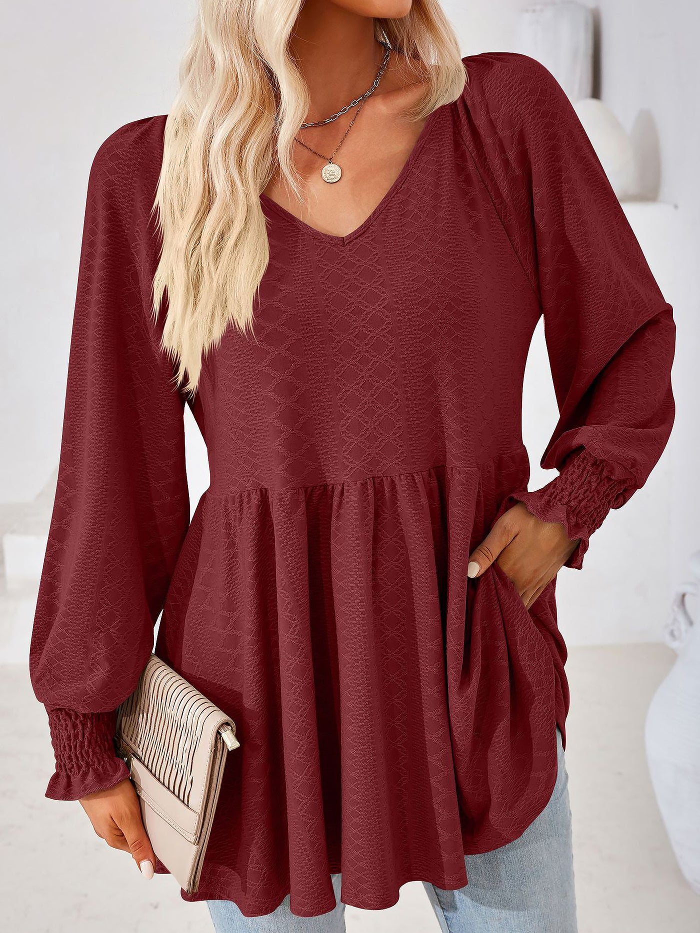 Allegra K Solid Color V Neck Textured Smocked Sleeves Peplum Blouse