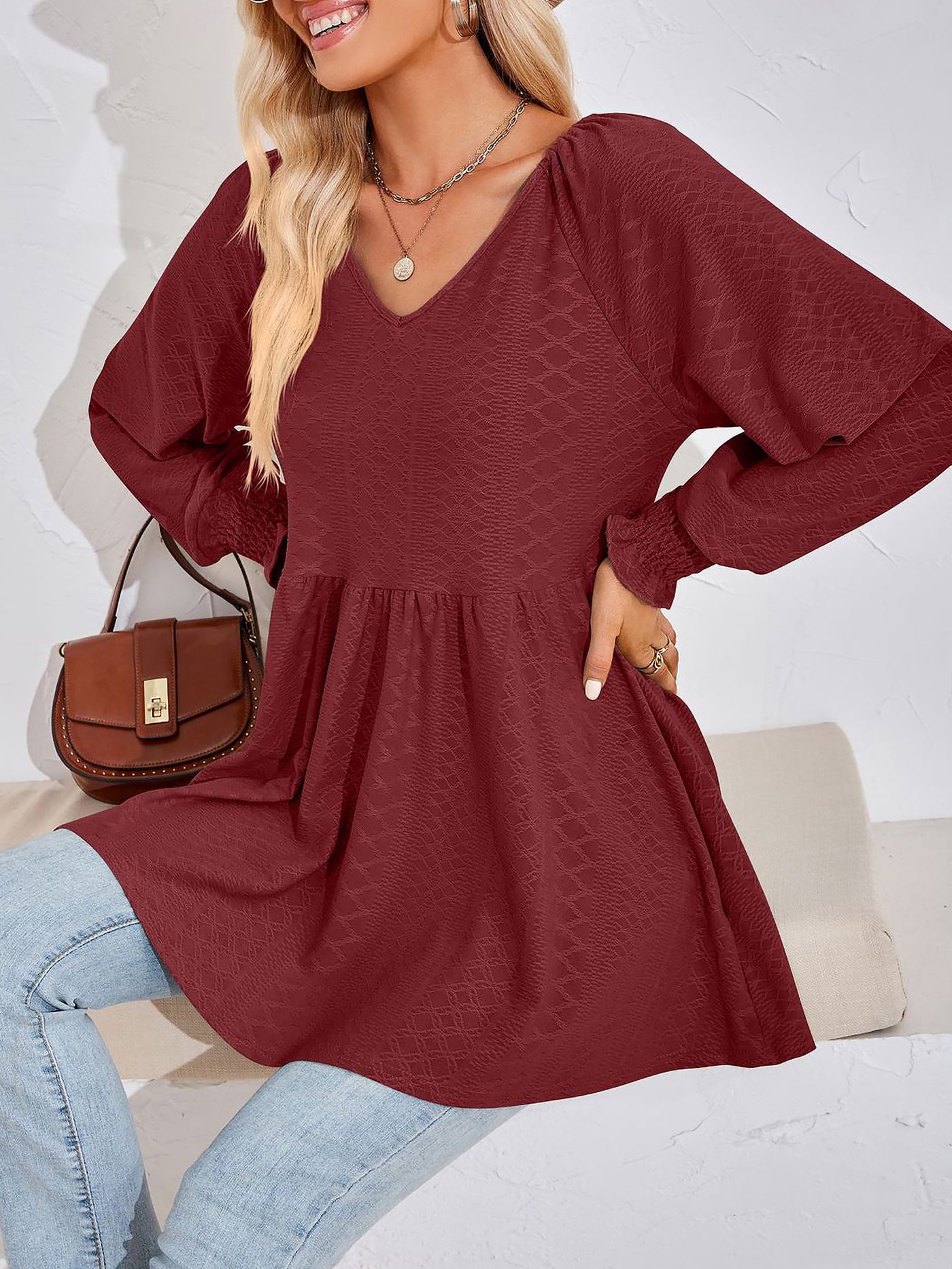 Allegra K Solid Color V Neck Textured Smocked Sleeves Peplum Blouse