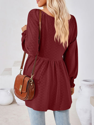 Solid Color V Neck Textured Smocked Sleeves Peplum Blouse