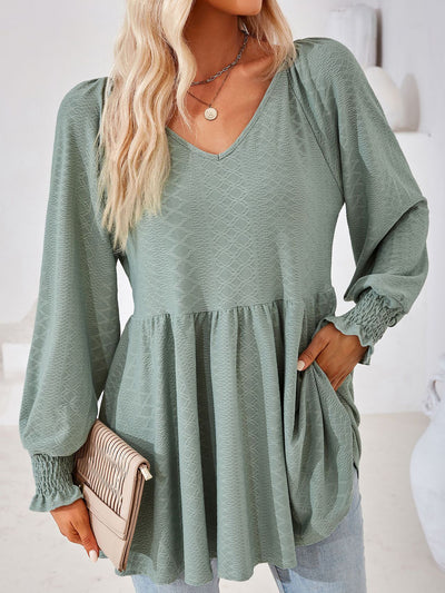 Solid Color V Neck Textured Smocked Sleeves Peplum Blouse