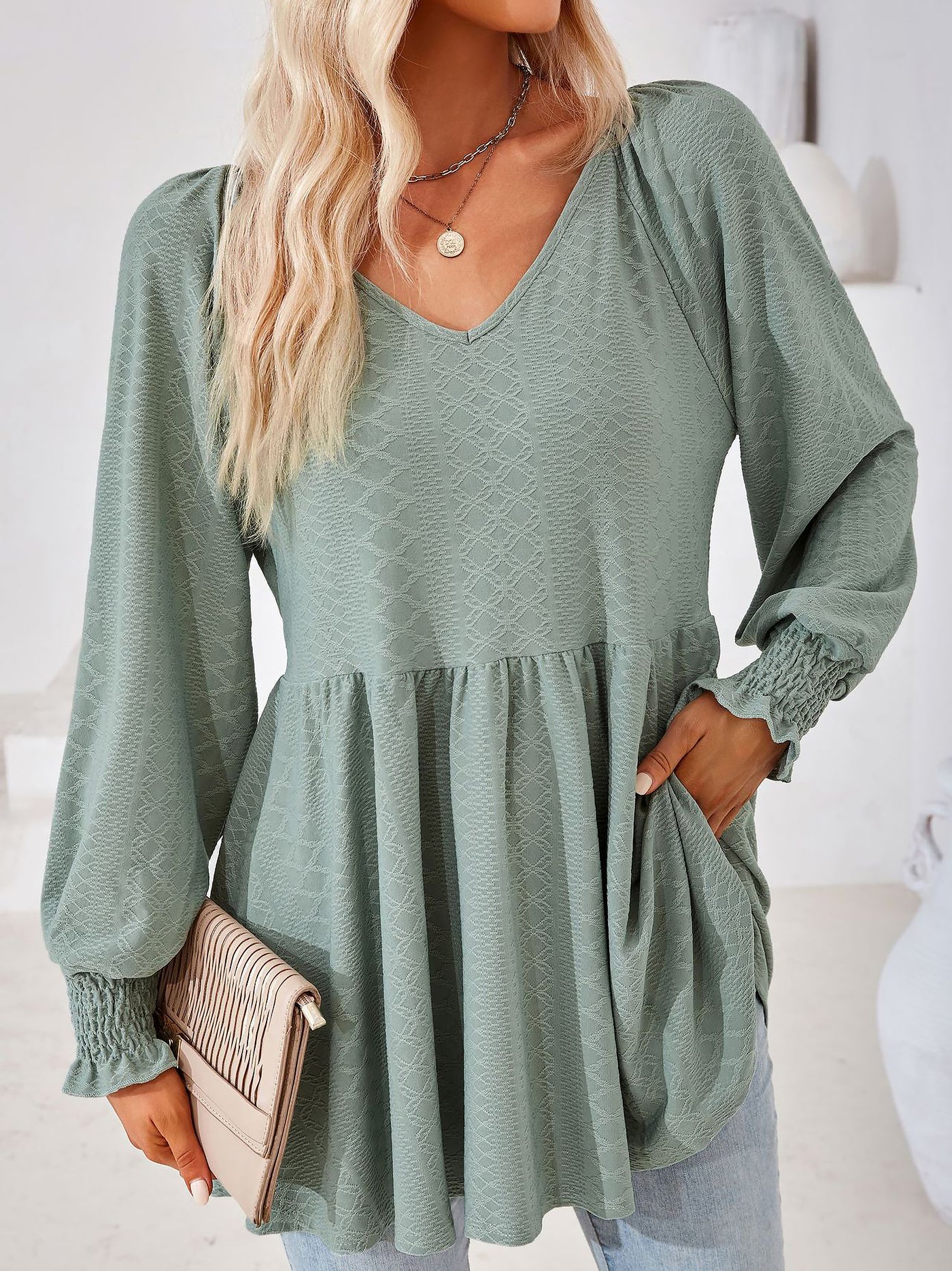 Allegra K Solid Color V Neck Textured Smocked Sleeves Peplum Blouse