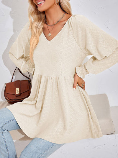 Solid Color V Neck Textured Smocked Sleeves Peplum Blouse