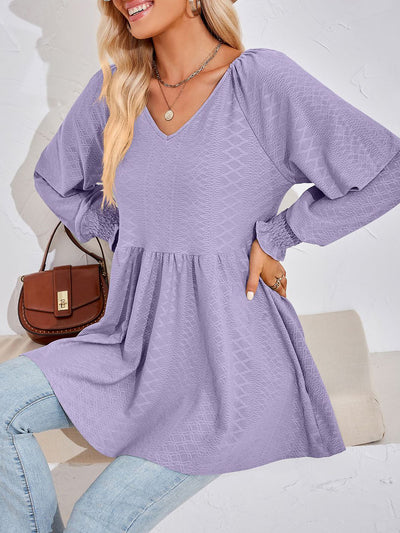 Solid Color V Neck Textured Smocked Sleeves Peplum Blouse