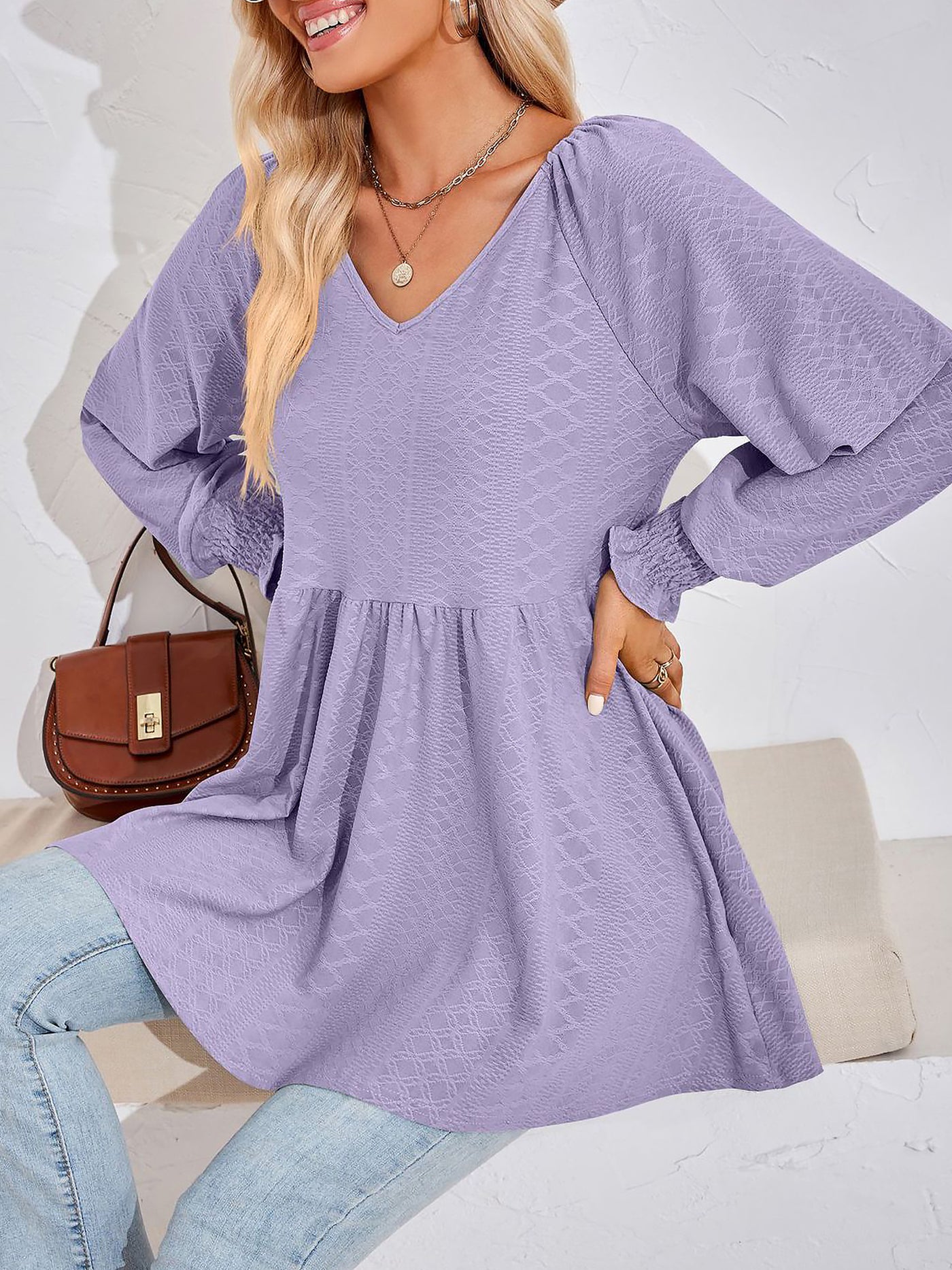 Allegra K Solid Color V Neck Textured Smocked Sleeves Peplum Blouse