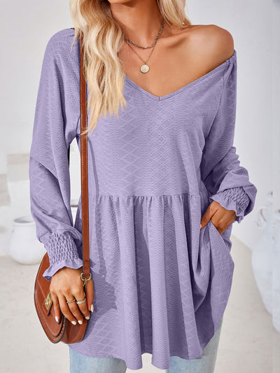 Solid Color V Neck Textured Smocked Sleeves Peplum Blouse