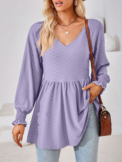 Solid Color V Neck Textured Smocked Sleeves Peplum Blouse