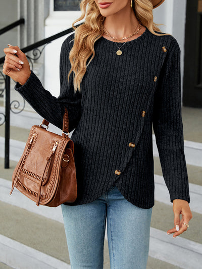 Solid Color Long Sleeves Round Neck Button Decor Blouse