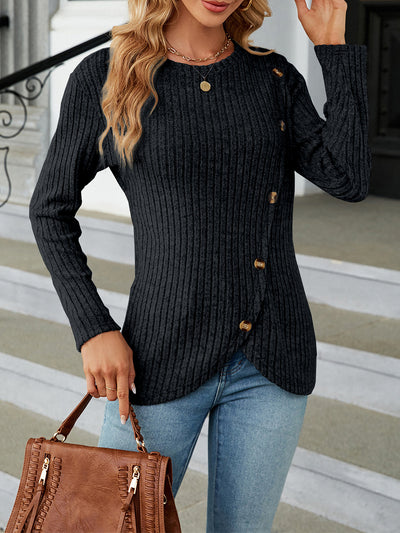 Solid Color Long Sleeves Round Neck Button Decor Blouse