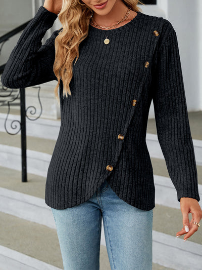 Solid Color Long Sleeves Round Neck Button Decor Blouse