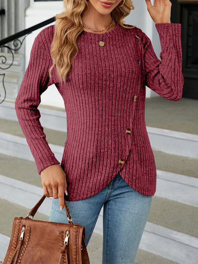 Solid Color Long Sleeves Round Neck Button Decor Blouse