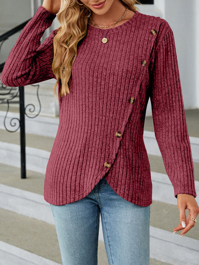 Solid Color Long Sleeves Round Neck Button Decor Blouse