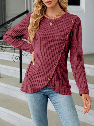 Solid Color Long Sleeves Round Neck Button Decor Blouse