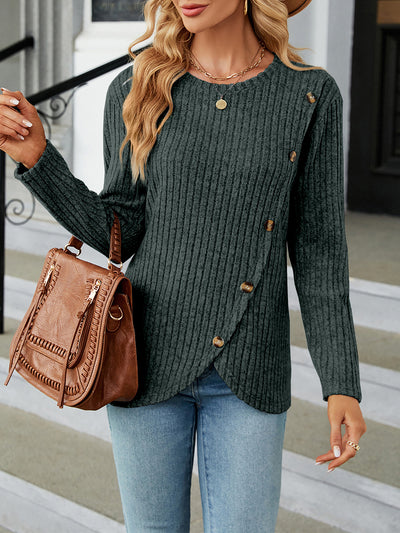 Solid Color Long Sleeves Round Neck Button Decor Blouse