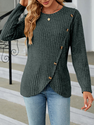 Solid Color Long Sleeves Round Neck Button Decor Blouse