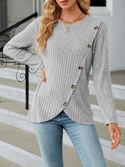 Solid Color Long Sleeves Round Neck Button Decor Blouse