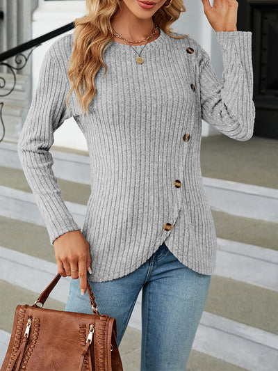 Solid Color Long Sleeves Round Neck Button Decor Blouse