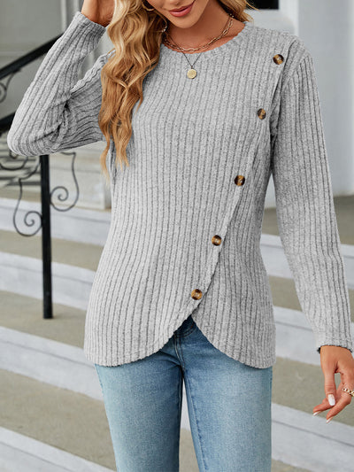 Solid Color Long Sleeves Round Neck Button Decor Blouse